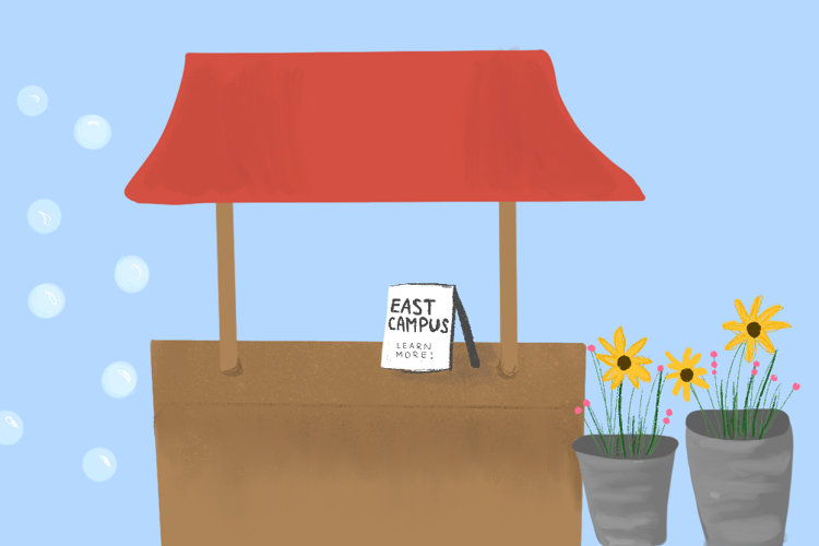 Illustration of a booth at East Campus Discovery Days and Farmer's Market.